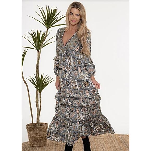 Cienna Silky Designs-Barik Boha Dress Maxi Ruffle Pretty Size Small - Picture 2 of 3